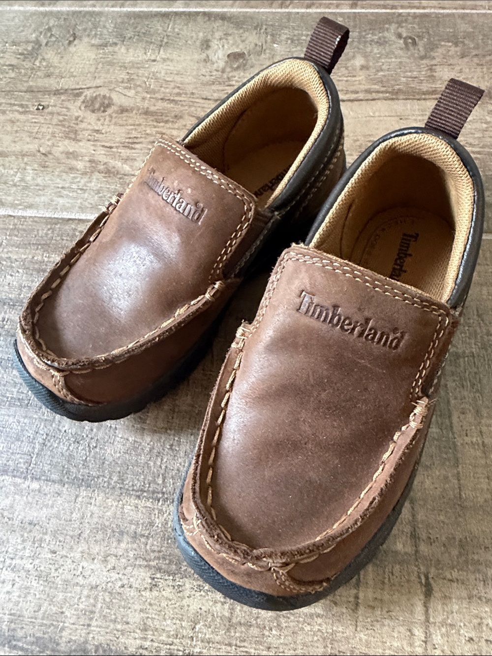 Timberland Kids Brown Leather Slip-On Moccs with Black Soles
